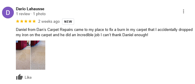 Five star Google review for a carpet patch repair