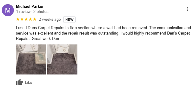 Five star Google review praising carpet restretching work