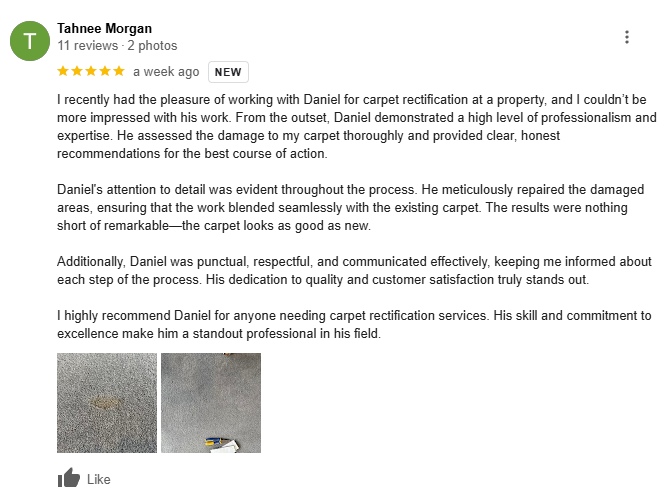 Five star Google review describing a seamless carpet repair