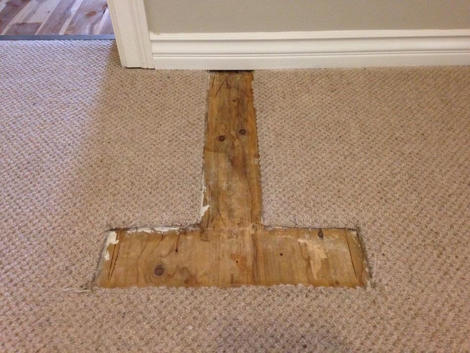 Missing T-shaped section of carpet exposing timber floor at a doorway before repair