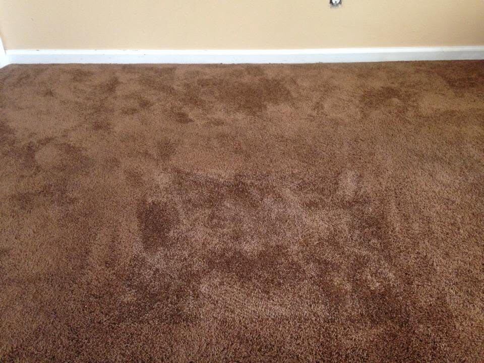 Brown carpet after the stained section was removed and patched